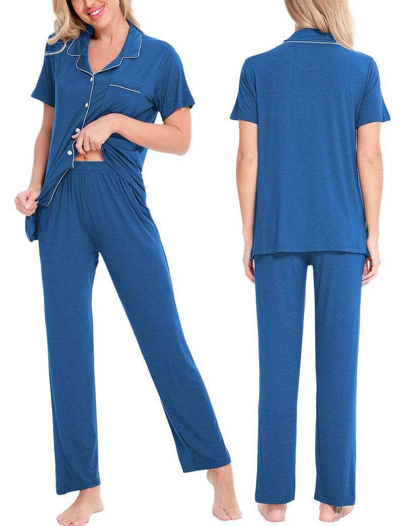 SWOMOG Women Pajama Sets Two-Piece Nightwear Short Sleeve Sleepwear Button Down Pj Lounge Sets with Long Pants Royal Blue - Image 2